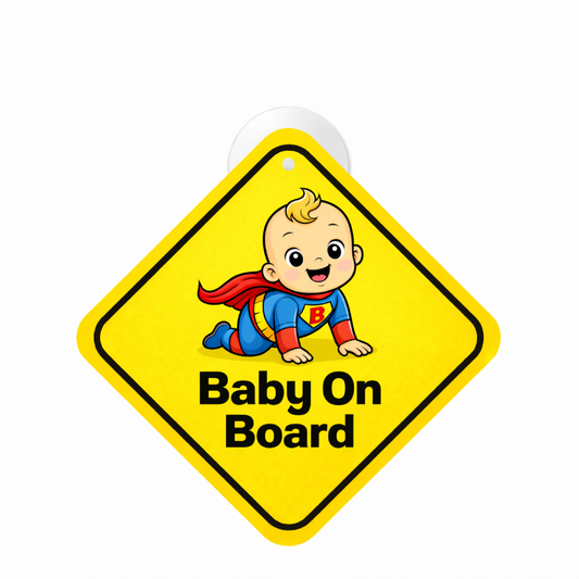 Smeeps Baby On Board Hanging Sign – 20.32 × 20.32 cm (8 × 8 Inch) Cute Super Baby Waterproof Car Hanging Board with Suction Cup | Cartoon Baby Safety Vehicle Warning Sign