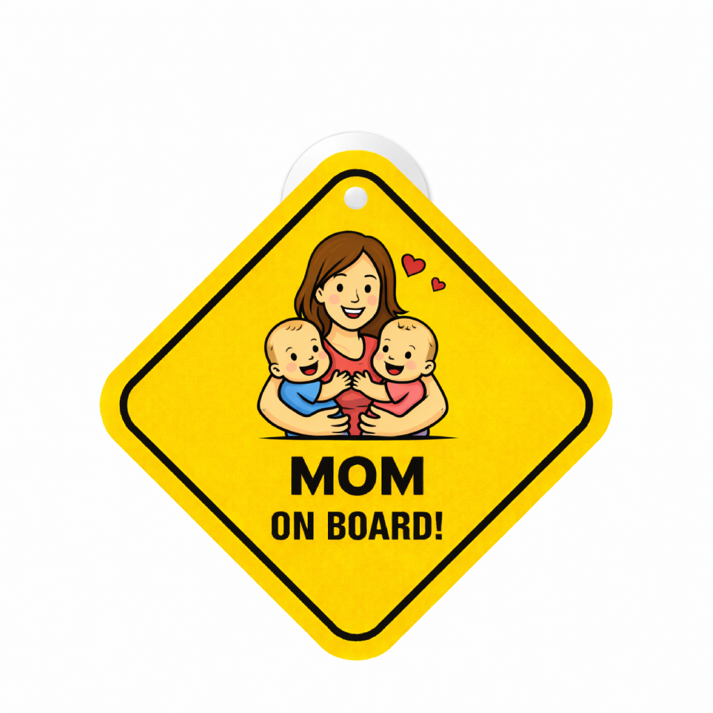 Smeeps Mom On Board Hanging Sign – 20.32 × 20.32 cm (8 × 8 Inch) Cute Mom with Twin Babies Waterproof Car Hanging Board with Suction Cup | Family Safety Vehicle Sign Pack of 1