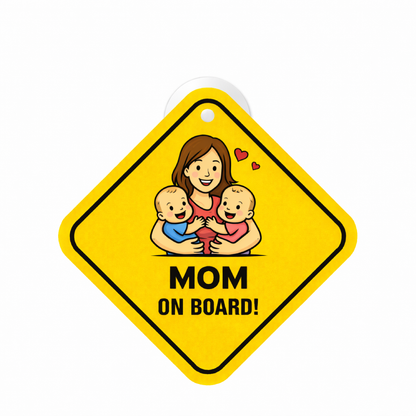 Smeeps Mom On Board Hanging Sign – 20.32 × 20.32 cm (8 × 8 Inch) Cute Mom with Twin Babies Waterproof Car Hanging Board with Suction Cup | Family Safety Vehicle Sign Pack of 1