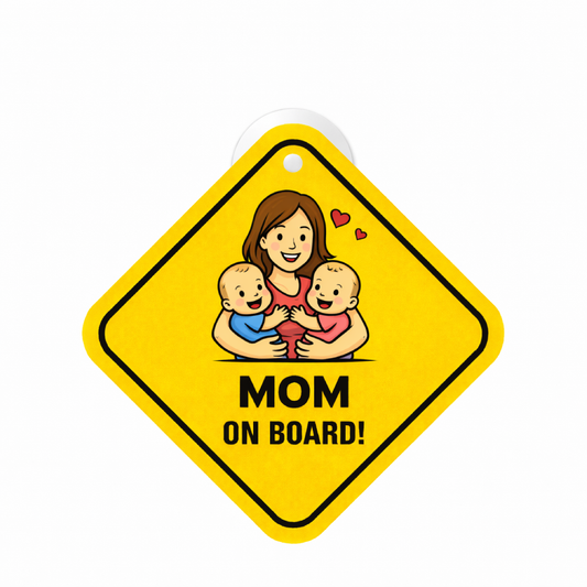 Smeeps Mom On Board Hanging Sign – 20.32 × 20.32 cm (8 × 8 Inch) Cute Mom with Twin Babies Waterproof Car Hanging Board with Suction Cup | Family Safety Vehicle Sign Pack of 1