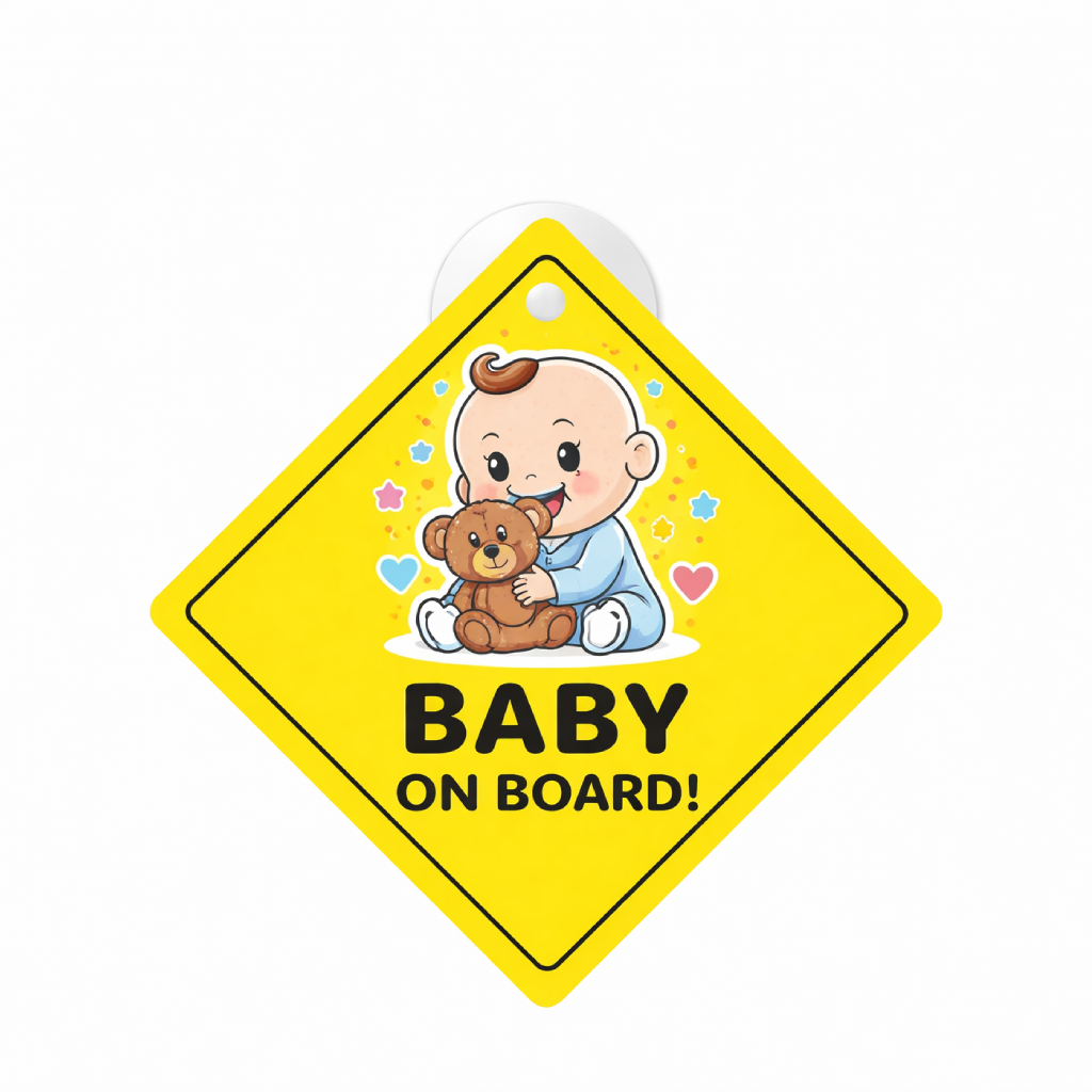 Smeeps Baby On Board Teddy Hanging Sign – 20.32 × 20.32 cm (8 × 8 Inch) Cute Baby with Teddy Waterproof Car Hanging Board with Suction Cup | Safety Warning Vehicle Hanging Sign