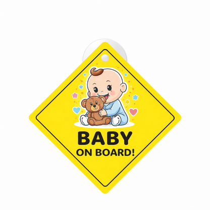 Smeeps Baby On Board Teddy Hanging Sign – 20.32 × 20.32 cm (8 × 8 Inch) Cute Baby with Teddy Waterproof Car Hanging Board with Suction Cup | Safety Warning Vehicle Hanging Sign
