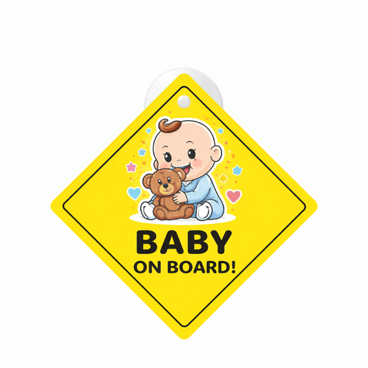 Smeeps Baby On Board Teddy Hanging Sign – 20.32 × 20.32 cm (8 × 8 Inch) Cute Baby with Teddy Waterproof Car Hanging Board with Suction Cup | Safety Warning Vehicle Hanging Sign