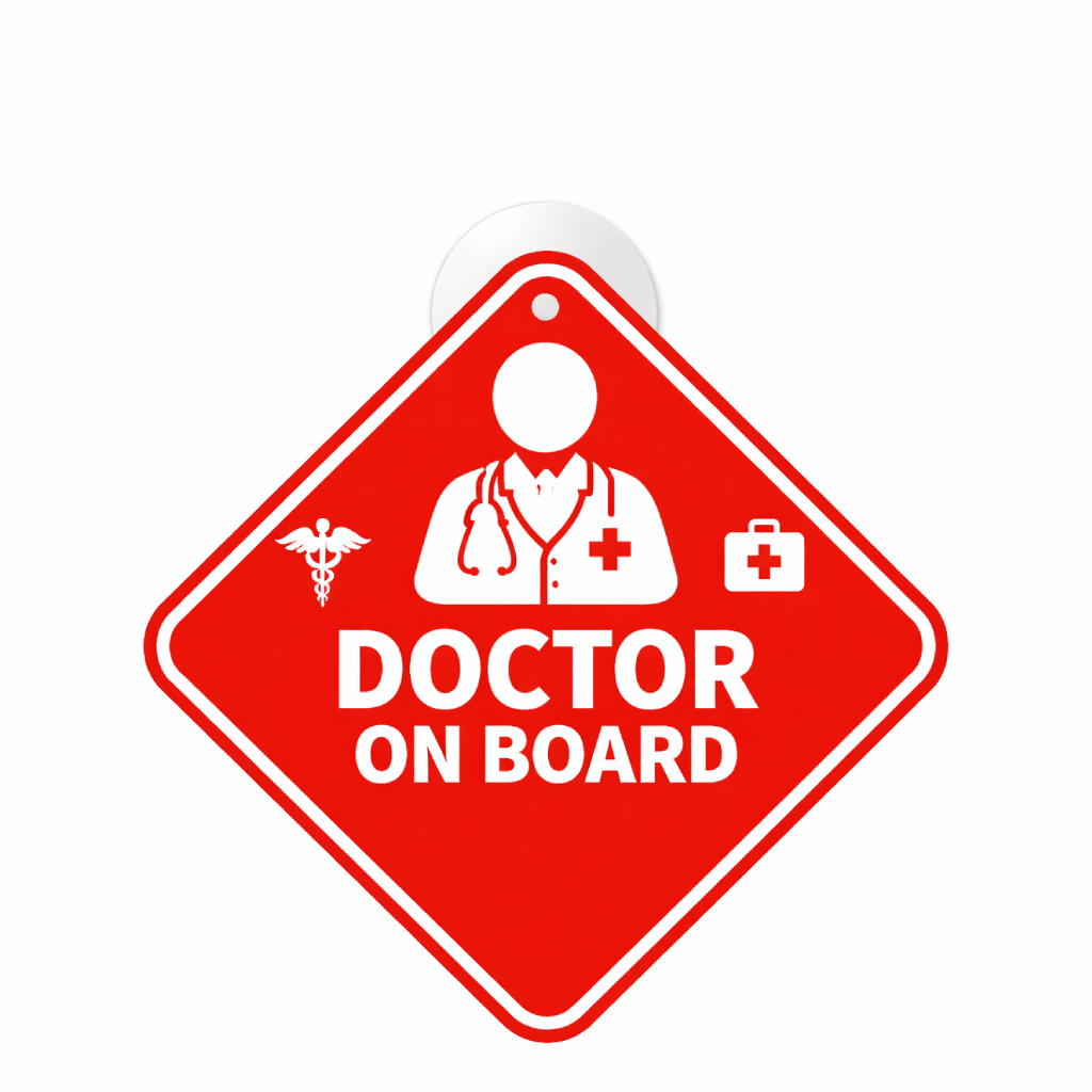 Smeeps Red Doctor On Board Hanging Sign – 20.58 × 20.32 cm (8.1 × 8 Inch) Waterproof UV Resistant Medical Emergency Car Hanging Board with Suction Cup | Professional Healthcare Vehicle Safety Sign Pack of 1