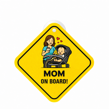 Smeeps Mom On Board Hanging Sign – 20.32 × 20.32 cm (8 × 8 Inch) Mom with Baby Stroller Waterproof Car Hanging Board with Suction Cup | Cute Family Safety Vehicle Sign Pack of 1
