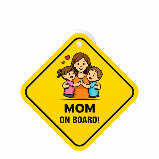 Smeeps Mom On Board Hanging Sign – 20.32 × 20.32 cm (8 × 8 Inch) Cute Mother with Kids Waterproof Car Hanging Board with Suction Cup | Family Safety Vehicle Sign Pack of 1