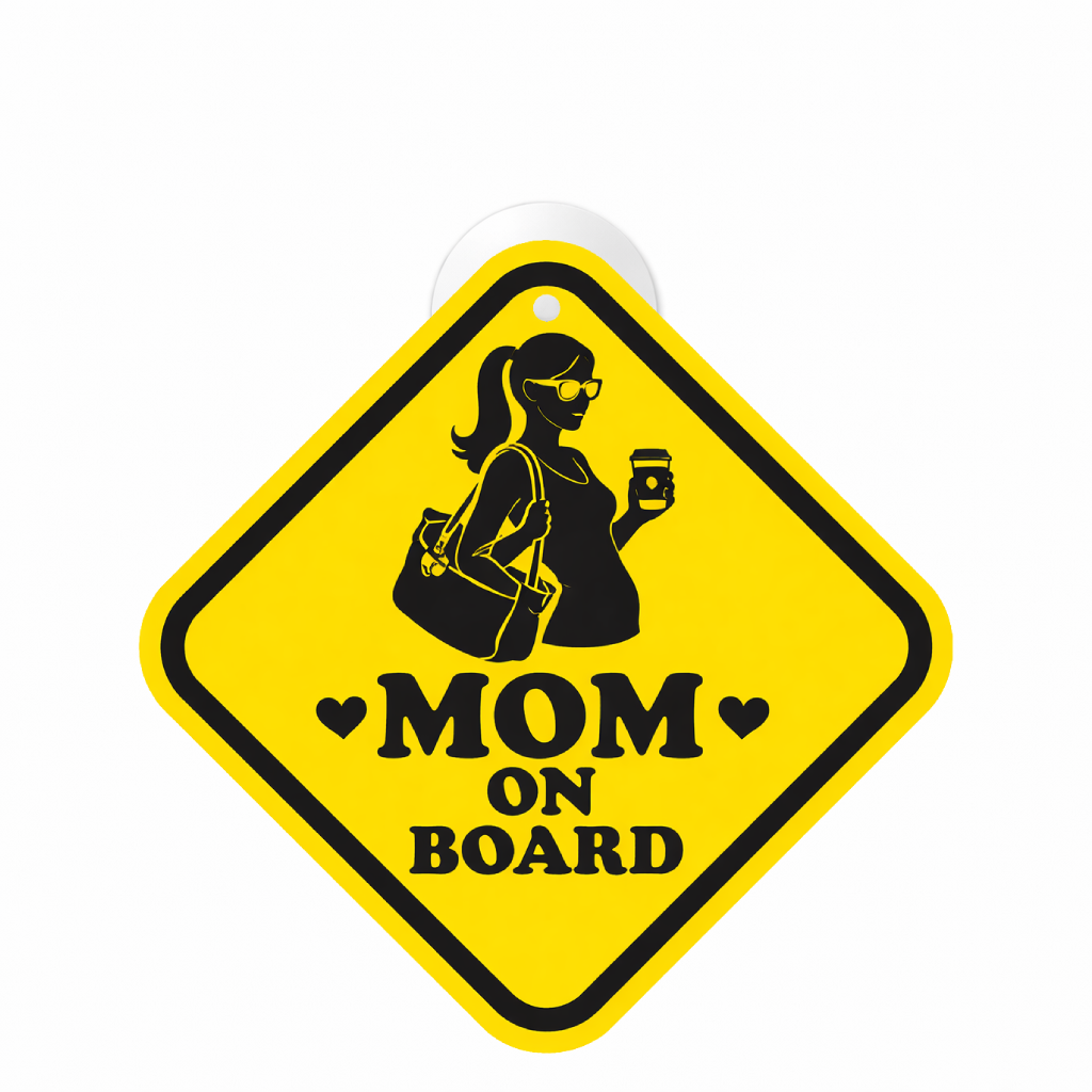 Smeeps Stylish Mom On Board Hanging Sign – 20.32 × 20.32 cm (8 × 8 Inch) Waterproof UV Resistant Car Hanging Board with Suction Cup | Premium Mother Safety Vehicle Sign Pack of 1