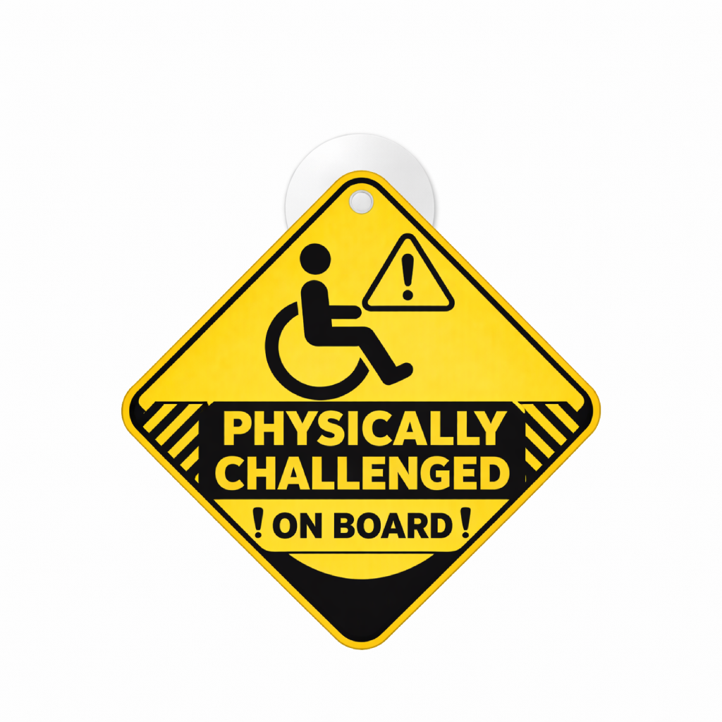 Smeeps Physically Challenged On Board Hanging Sign – 20.32 × 20.32 cm (8 × 8 Inch) Waterproof Disability Awareness Car Hanging Board with Suction Cup | Reflective Safety Warning Sign