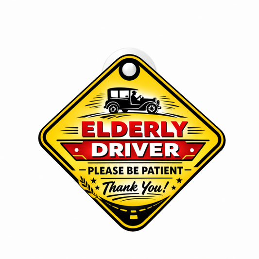 Smeeps Elderly Driver Hanging Sign – 20.32 × 21.34 cm (8 × 8.4 Inch) Waterproof Senior Citizen Driving Safety Car Hanging Board with Suction Cup | Please Be Patient Vehicle Warning Sign