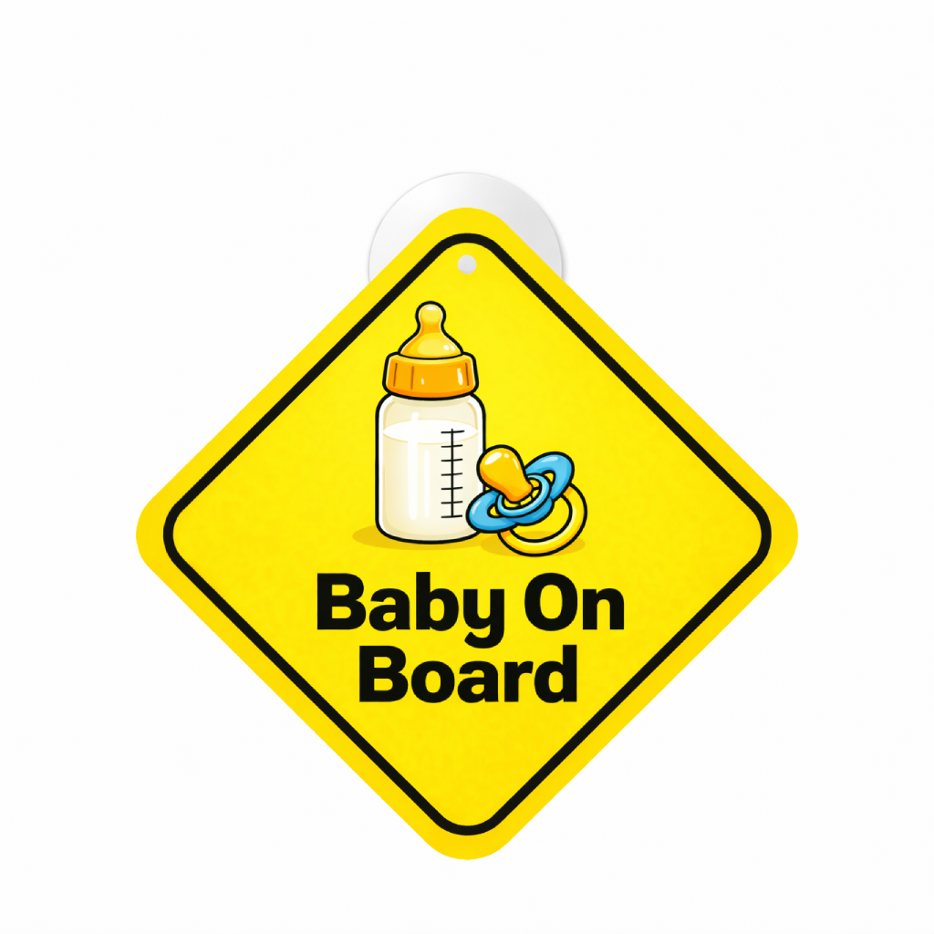 Smeeps Baby On Board Hanging Sign – 20.32 × 20.32 cm (8 × 8 Inch) Baby Bottle & Pacifier Waterproof Car Hanging Board with Suction Cup | Cute Baby Safety Warning Sign for Cars