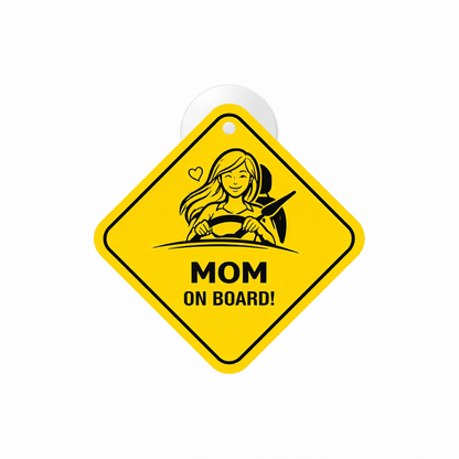 Smeeps Mom On Board Hanging Sign – 20.32 × 20.32 cm (8 × 8 Inch) Waterproof Car Hanging Board with Suction Cup | Cute Mom Driver Safety Sign