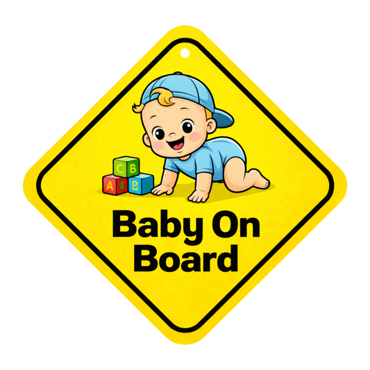 Smeeps Baby On Board Hanging Sign – 20.32 × 20.32 cm (8 × 8 Inch) Cute Crawling Baby with ABC Blocks Waterproof Car Hanging Board with Suction Cup | Baby Safety Vehicle Warning Sign