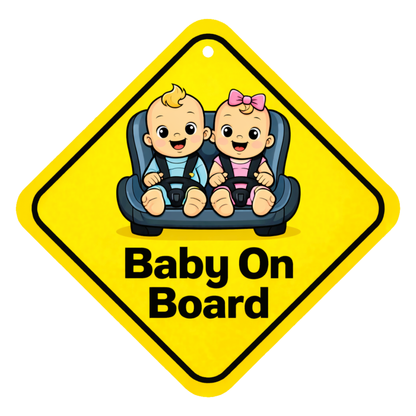 Smeeps Baby On Board Hanging Sign – 20.32 × 20.32 cm (8 × 8 Inch) Cute Twin Babies in Car Seat Waterproof Vehicle Hanging Board with Suction Cup | Baby Safety Car Warning Sign