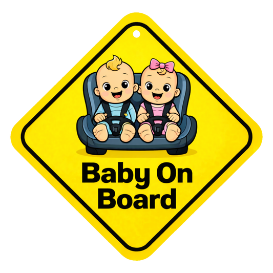 Smeeps Baby On Board Hanging Sign – 20.32 × 20.32 cm (8 × 8 Inch) Cute Twin Babies in Car Seat Waterproof Vehicle Hanging Board with Suction Cup | Baby Safety Car Warning Sign