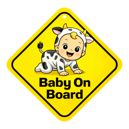 Smeeps Baby On Board Hanging Sign – 20.32 × 20.32 cm (8 × 8 Inch) Cute Cow Costume Baby Waterproof Car Hanging Board with Suction Cup | Funny Baby Safety Vehicle Sign