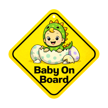 Smeeps Baby On Board Hanging Sign – 20.32 × 20.32 cm (8 × 8 Inch) Cute Dinosaur Baby Waterproof Car Hanging Board with Suction Cup | Fun Baby Safety Vehicle Warning Sign