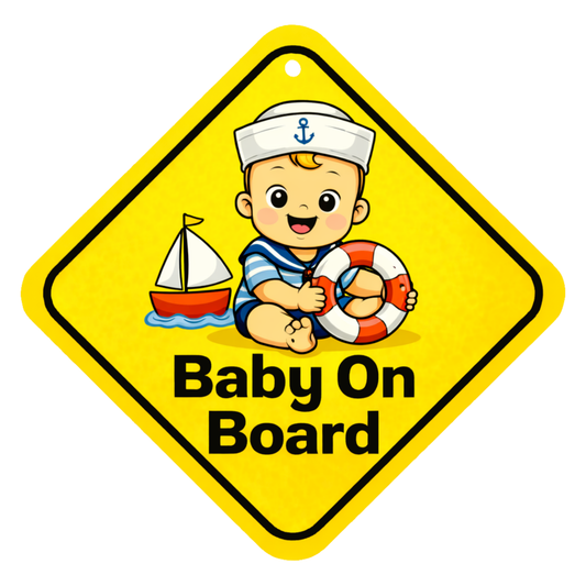Smeeps Baby On Board Hanging Sign – 20.32 × 20.32 cm (8 × 8 Inch) Cute Sailor Baby Waterproof Car Hanging Board with Suction Cup | Baby Safety Vehicle Warning Sign