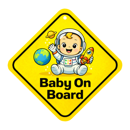 Smeeps Baby On Board Hanging Sign – 20.32 × 20.32 cm (8 × 8 Inch) Cute Astronaut Baby Waterproof Car Hanging Board with Suction Cup | Space Theme Baby Safety Vehicle Warning Sign