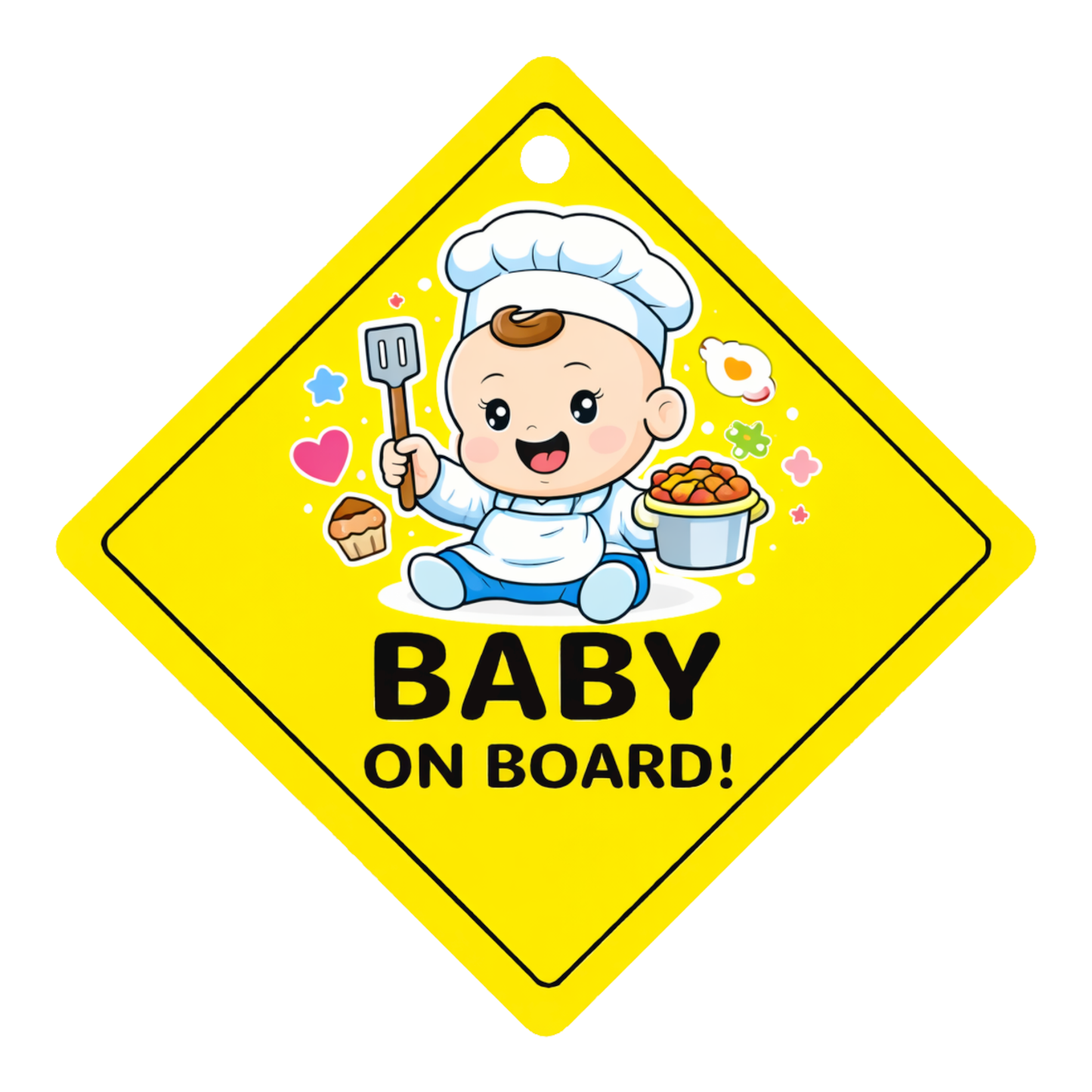 Smeeps Baby On Board Hanging Sign – 20.32 × 20.32 cm (8 × 8 Inch) Cute Baby Chef Waterproof Car Hanging Board with Suction Cup | Cooking Theme Baby Safety Vehicle Warning Sign