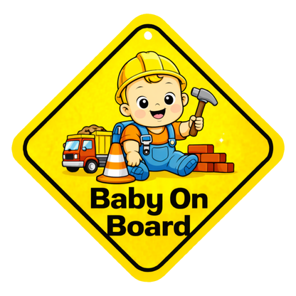 Smeeps Baby On Board Hanging Sign – 20.32 × 20.32 cm (8 × 8 Inch) Cute Construction Worker Baby Waterproof Car Hanging Board with Suction Cup | Builder Theme Baby Safety Vehicle Warning Sign