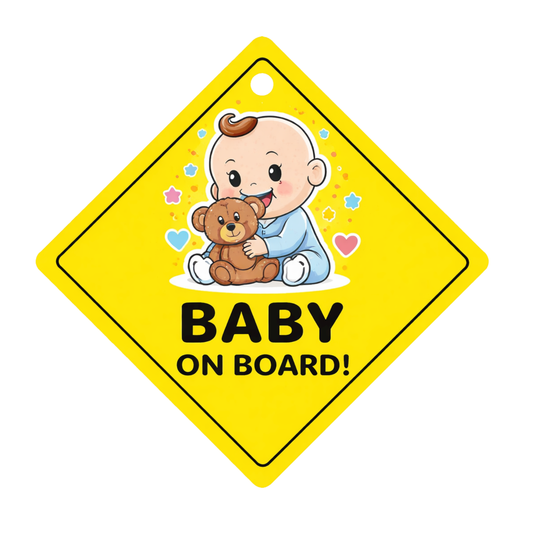 Smeeps Baby On Board Teddy Hanging Sign – 20.32 × 20.32 cm (8 × 8 Inch) Cute Baby with Teddy Waterproof Car Hanging Board with Suction Cup | Safety Warning Vehicle Hanging Sign