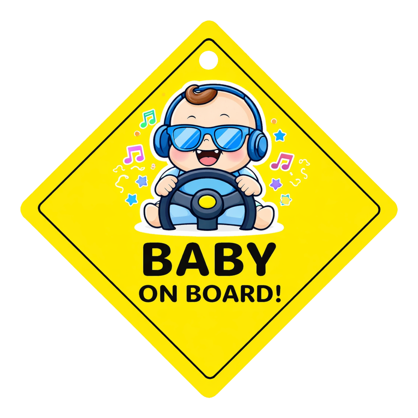 Smeeps Cool Baby On Board Hanging Sign – 20.32 × 20.32 cm (8 × 8 Inch) Cute DJ Driving Baby Waterproof Car Hanging Board with Suction Cup | Funny Baby Safety Car Sign