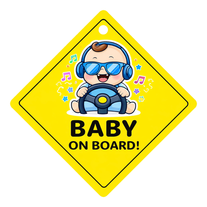 Smeeps Cool Baby On Board Hanging Sign – 20.32 × 20.32 cm (8 × 8 Inch) Cute DJ Driving Baby Waterproof Car Hanging Board with Suction Cup | Funny Baby Safety Car Sign