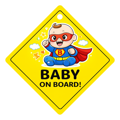 Smeeps Super Baby On Board Hanging Sign – 20.32 × 20.32 cm (8 × 8 Inch) Cute Superhero Baby Waterproof Car Hanging Board with Suction Cup | Fun Baby Safety Vehicle Sign