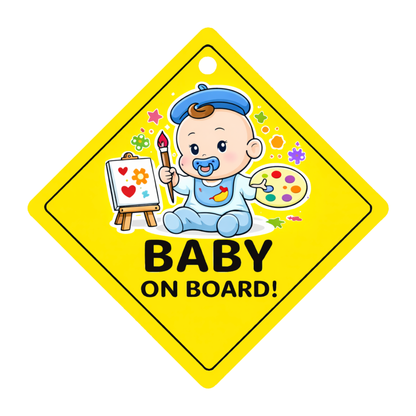 Smeeps Baby Artist On Board Hanging Sign – 20.32 × 20.32 cm (8 × 8 Inch) Cute Painter Baby Waterproof Car Hanging Board with Suction Cup | Baby Safety Vehicle Warning Sign