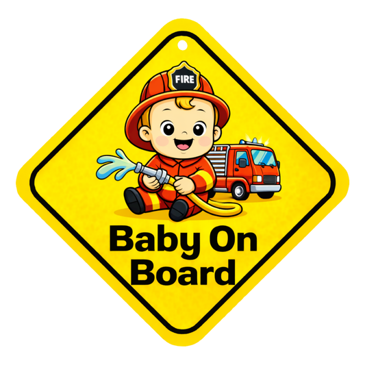 Smeeps Baby Firefighter On Board Hanging Sign – 20.32 × 20.32 cm (8 × 8 Inch) Cute Fire Rescue Baby Waterproof Car Hanging Board with Suction Cup | Baby Safety Vehicle Warning Sign
