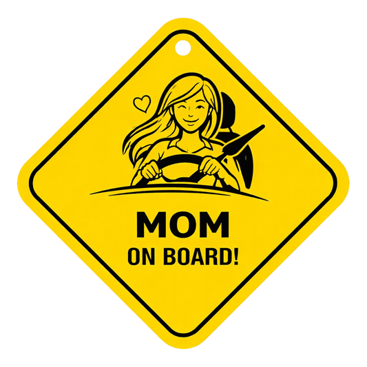 Smeeps Mom On Board Hanging Sign – 20.32 × 20.32 cm (8 × 8 Inch) Waterproof Car Hanging Board with Suction Cup | Cute Mom Driver Safety Sign