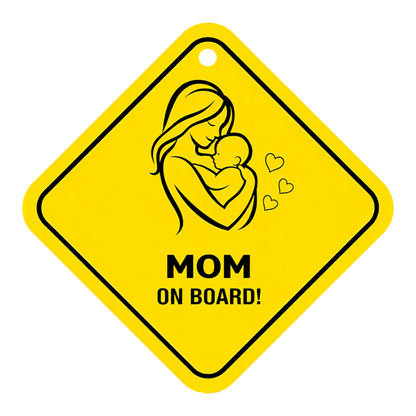 Smeeps Mom On Board Hanging Sign – 20.32 × 20.32 cm (8 × 8 Inch) Waterproof Baby Safety Car Hanging Board with Suction Cup | Mother & Baby Design