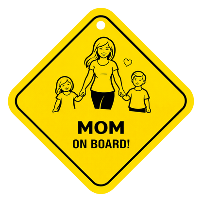 Smeeps Mom On Board Hanging Sign – 20.32 × 20.32 cm (8 × 8 Inch) Waterproof Family Safety Car Hanging Board with Suction Cup | Mom & Kids Design