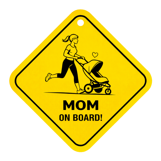 Smeeps Mom On Board Hanging Sign – 20.32 × 20.32 cm (8 × 8 Inch) Waterproof Baby Safety Car Hanging Board with Suction Cup | Mom with Baby Stroller Design