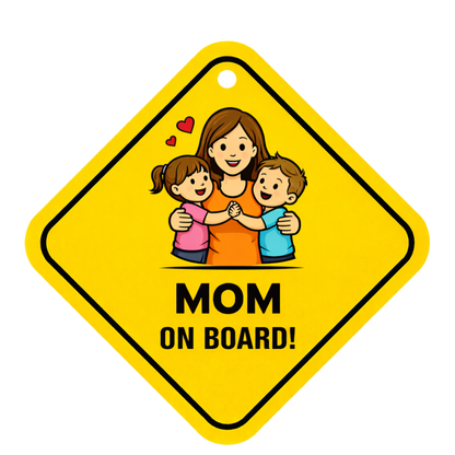 Smeeps Mom On Board Hanging Sign – 20.32 × 20.32 cm (8 × 8 Inch) Cute Mother with Kids Waterproof Car Hanging Board with Suction Cup | Family Safety Vehicle Sign Pack of 1