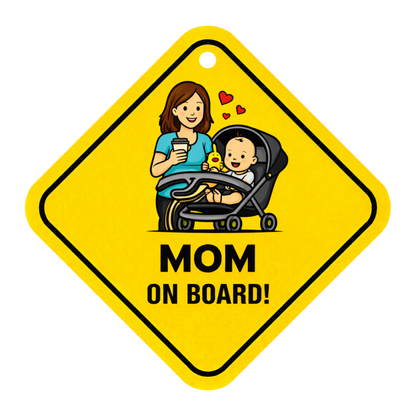 Smeeps Mom On Board Hanging Sign – 20.32 × 20.32 cm (8 × 8 Inch) Mom with Baby Stroller Waterproof Car Hanging Board with Suction Cup | Cute Family Safety Vehicle Sign Pack of 1