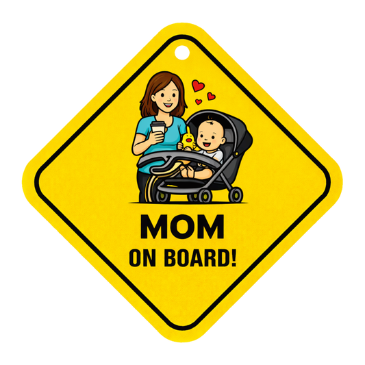Smeeps Mom On Board Hanging Sign – 20.32 × 20.32 cm (8 × 8 Inch) Mom with Baby Stroller Waterproof Car Hanging Board with Suction Cup | Cute Family Safety Vehicle Sign Pack of 1