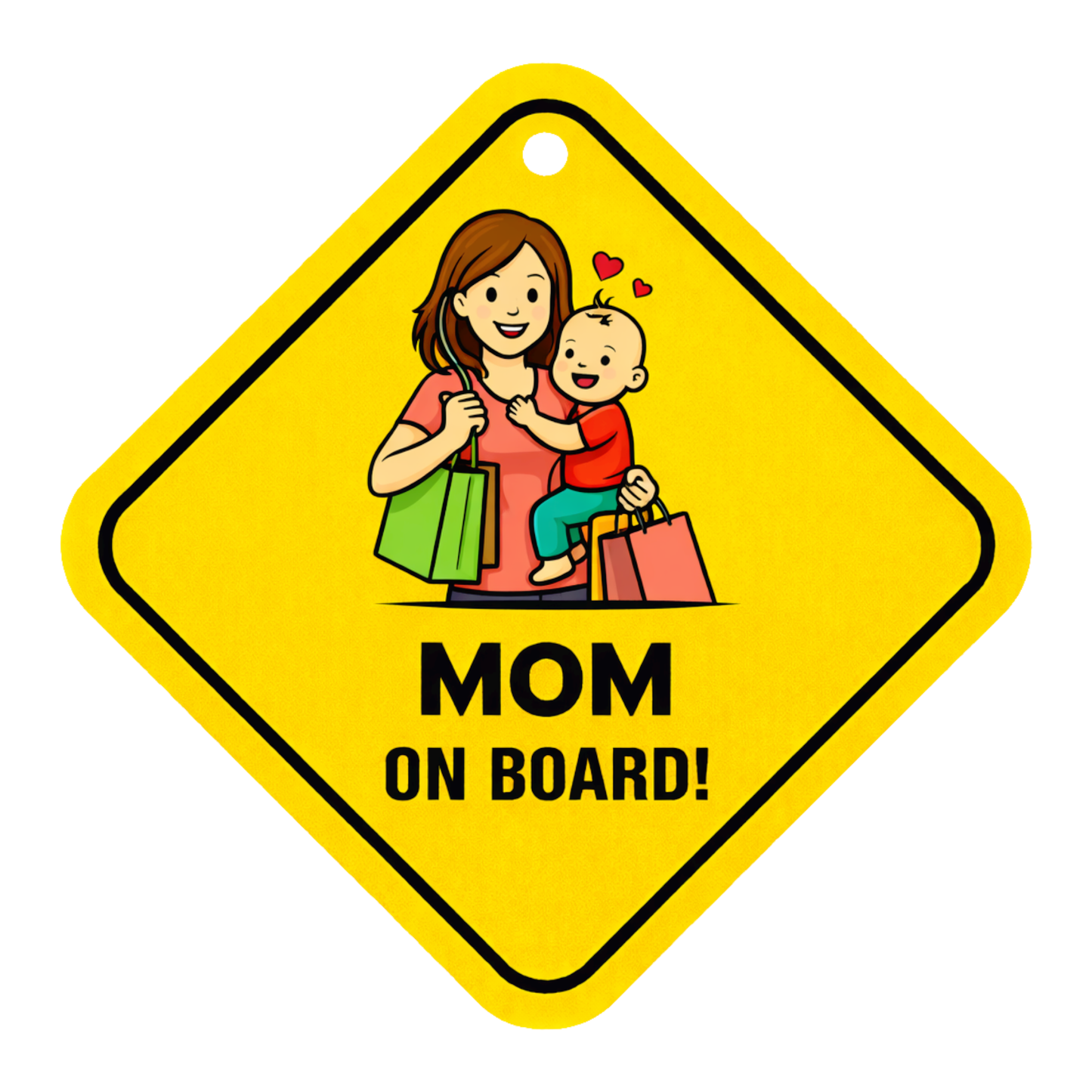 Smeeps Mom On Board Hanging Sign – 20.32 × 20.32 cm (8 × 8 Inch) Shopping Mom with Baby Waterproof Car Hanging Board with Suction Cup | Cute Family Safety Vehicle Sign Pack of 1
