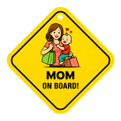 Smeeps Mom On Board Hanging Sign – 20.32 × 20.32 cm (8 × 8 Inch) Shopping Mom with Baby Waterproof Car Hanging Board with Suction Cup | Cute Family Safety Vehicle Sign Pack of 1