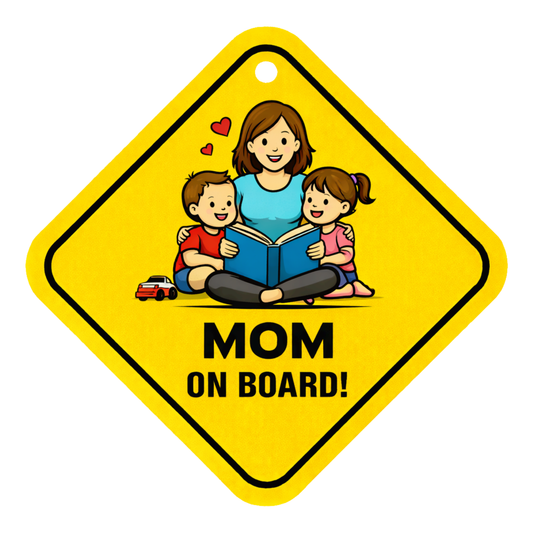 Smeeps Mom On Board Hanging Sign – 20.32 × 20.32 cm (8 × 8 Inch) Mom Reading with Kids Waterproof Car Hanging Board with Suction Cup | Cute Family Safety Vehicle Sign Pack of 1