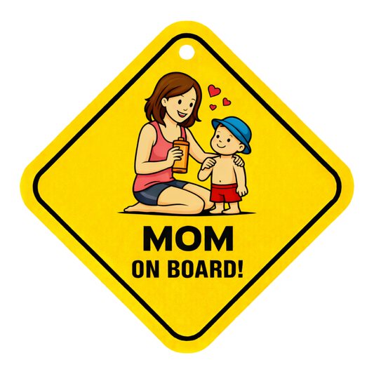 Smeeps Mom On Board Hanging Sign – 20.32 × 20.32 cm (8 × 8 Inch) Caring Mom & Child Waterproof Car Hanging Board with Suction Cup | Cute Family Safety Vehicle Sign Pack of 1