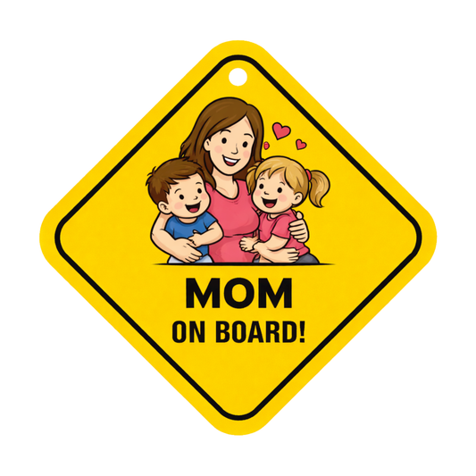 Smeeps Mom On Board Hanging Sign – 20.32 × 20.32 cm (8 × 8 Inch) Cute Mom with Kids Waterproof Car Hanging Board with Suction Cup | Family Safety Vehicle Sign Pack of 1