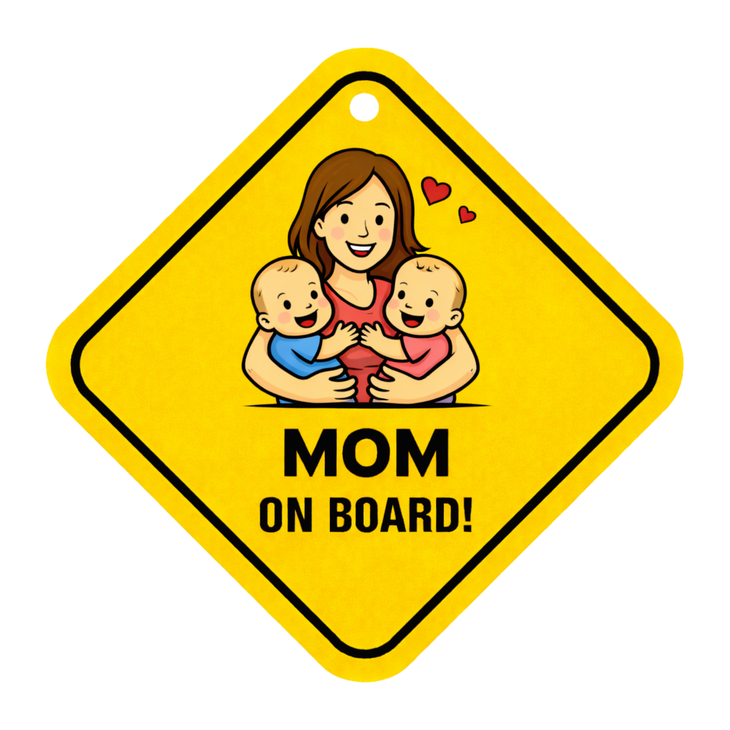 Smeeps Mom On Board Hanging Sign – 20.32 × 20.32 cm (8 × 8 Inch) Cute Mom with Twin Babies Waterproof Car Hanging Board with Suction Cup | Family Safety Vehicle Sign Pack of 1