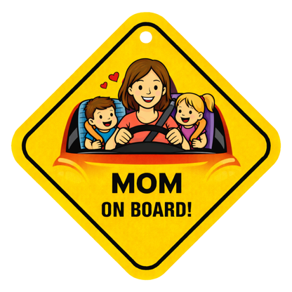 Smeeps Mom On Board Hanging Sign – 20.32 × 20.32 cm (8 × 8 Inch) Mom Driving with Kids Waterproof Car Hanging Board with Suction Cup | Cute Family Safety Vehicle Sign Pack of 1