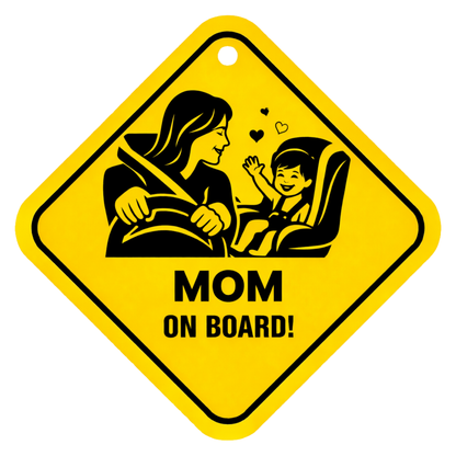 Smeeps Mom On Board Hanging Sign – 20.32 × 20.32 cm (8 × 8 Inch) Mom Driving with Baby Waterproof Car Hanging Board with Suction Cup | Cute Family Safety Vehicle Sign Pack of 1
