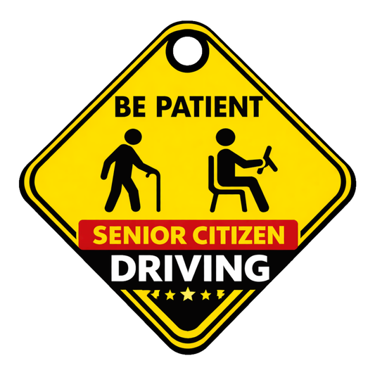 Smeeps Senior Citizen Driving Hanging Sign – 20.32 × 20.32 cm (8 × 8 Inch) Waterproof Safety Car Hanging Board with Suction Cup | Be Patient Elderly Driver Warning Sign