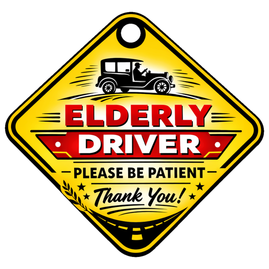 Smeeps Elderly Driver Hanging Sign – 20.32 × 21.34 cm (8 × 8.4 Inch) Waterproof Senior Citizen Driving Safety Car Hanging Board with Suction Cup | Please Be Patient Vehicle Warning Sign