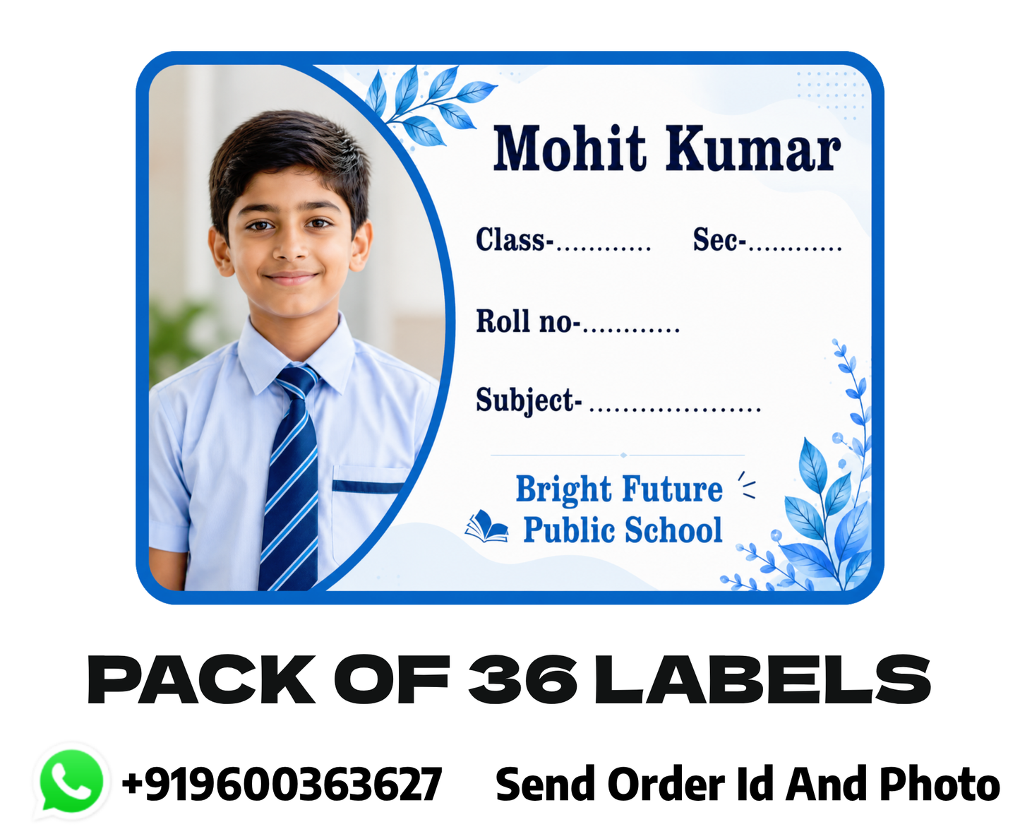 Custom Photo School Name Labels – 7.62 × 5.59 cm (3 × 2.2 Inch) Personalized Waterproof Notebook Stickers for Kids School Books, Water Bottles & Accessories | Premium Blue Theme Pack of 36