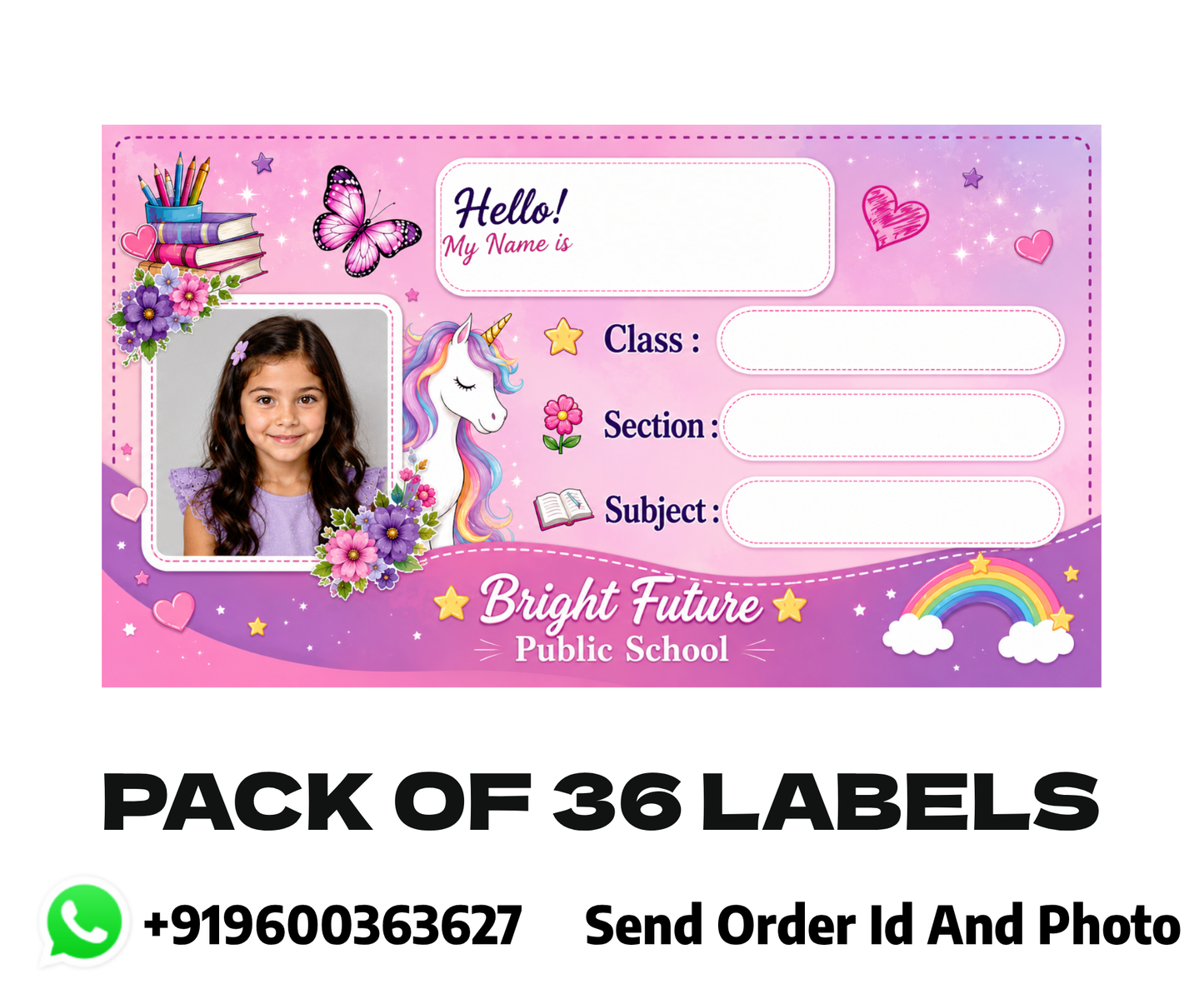 Custom Photo Unicorn School Name Labels – 7.62 × 4.32 cm (3 × 1.7 Inch) Personalized Waterproof Kids Notebook Stickers for School Books, Water Bottles & Accessories | Pink Fantasy Theme Pack of 36