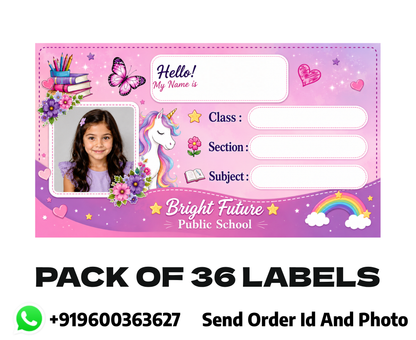 Custom Photo Unicorn School Name Labels – 7.62 × 4.32 cm (3 × 1.7 Inch) Personalized Waterproof Kids Notebook Stickers for School Books, Water Bottles & Accessories | Pink Fantasy Theme Pack of 36